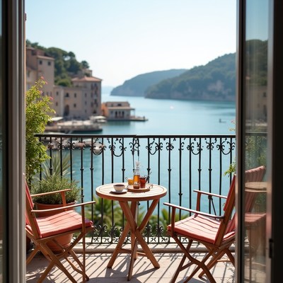 Balcony overlooking serene water with morning tea