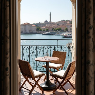 Cozy balcony overlooking the harbor in a sunny location