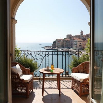 Cozy balcony with ocean view in a coastal town