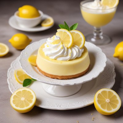 Lemon dessert display on white plates with fresh lemons