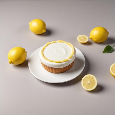 Delicious lemon tart on a plate surrounded by fresh lemons