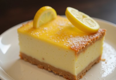 Delicious lemon cheesecake served on a white plate