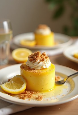 Delicious lemon dessert served with whipped cream and crumbs