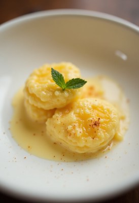 Dessert with creamy custard and fresh mint garnish