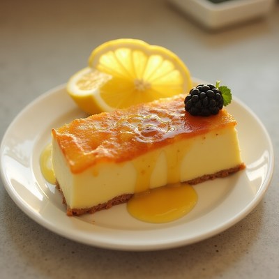 Cheesecake with lemon and blackberry topping