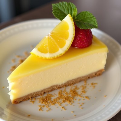 Lemon cheesecake slice with fresh strawberries on a plate