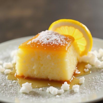 Delicious lemon dessert served on a plate with syrup