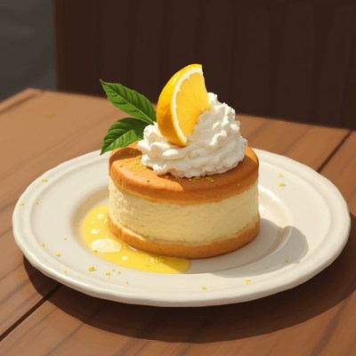 Delicious cheesecake with whipped cream and lemon slice