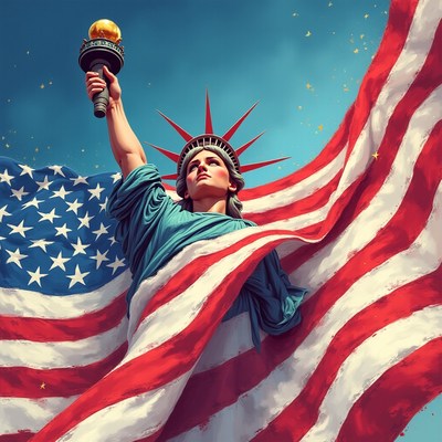 Statue of liberty holding torch with american flag backdrop