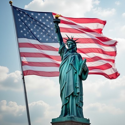 Liberty statue standing tall under waving flag
