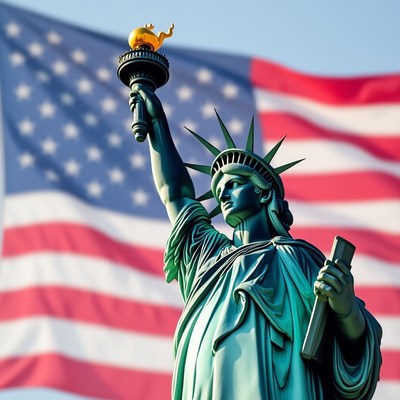 Statue of liberty shines against american flag