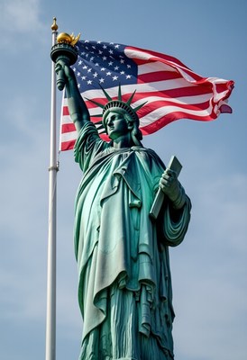 Statue of liberty holding torch with american flag backdrop