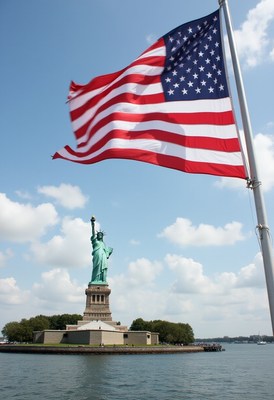 Iconic view of liberty island with american flag waving