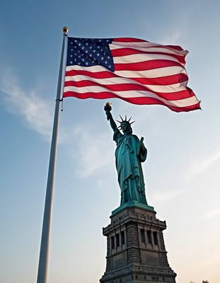Statue of liberty stands tall with american flag waving