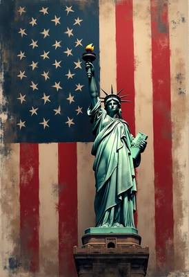 Statue of liberty stands before weathered american flag