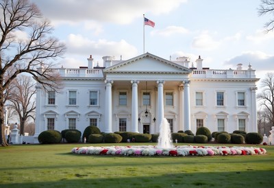 Historic white house with vibrant flower garden