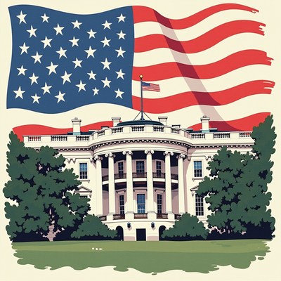 White house surrounded by american flag and greenery