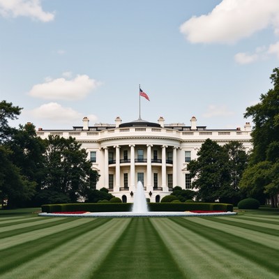 Historic white house landscape with clear sky and fountain