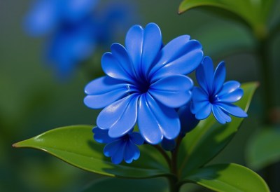 Bright blue flowers bloom in a garden setting