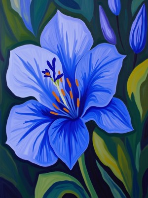 Colorful blue flower blooms in lush greenery