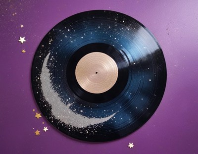 Vinyl record transformed into a cosmic night scene