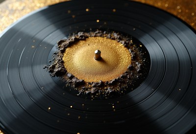 Vinyl record surrounded by golden glitter on a table