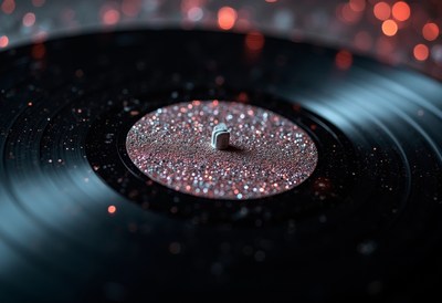 Sparkling vinyl record on turntable with vibrant background