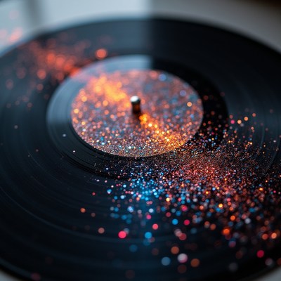 Vinyl record with sparkling glitter on a turntable