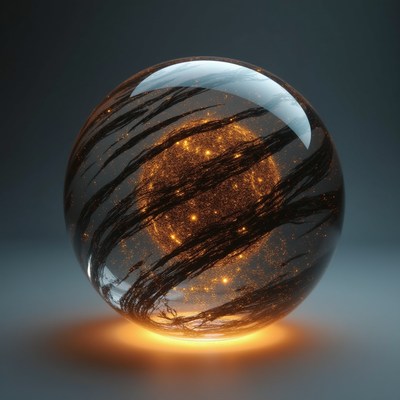 Glass orb resembling a cosmic scene with glowing elements