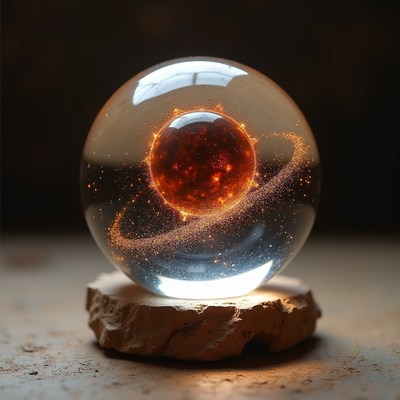 Unique glass sphere depicting a planet with fiery rings