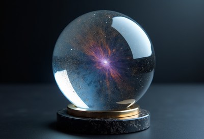 Cosmic crystal ball with swirling galaxy design