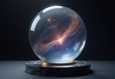 Cosmic sphere showcasing swirling galaxies and stardust