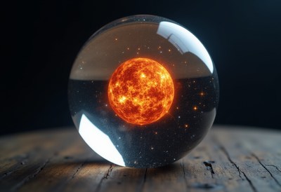 Crystal ball capturing a glowing sun in cosmic space