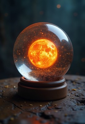 Bright sun captured inside a crystal orb on a table