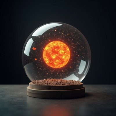 Glowing sun inside a glass sphere on wooden base