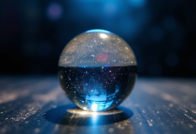 Glowing crystal sphere reflecting light in a dark setting