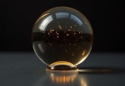 Sparkling crystal orb with golden shimmer on a dark surface