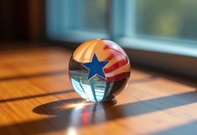 Colorful glass orb with star design on wood surface