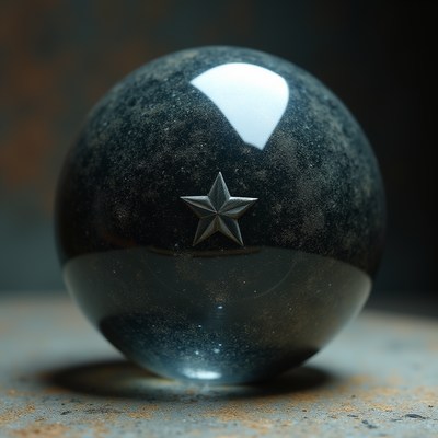 Unique black sphere with star design on textured surface