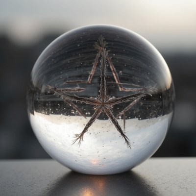 Glass orb with intricate star pattern in urban setting