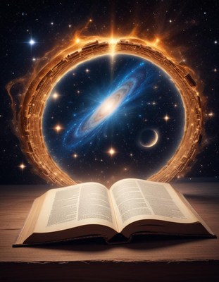 Cosmic portal opens from an ancient book under stars