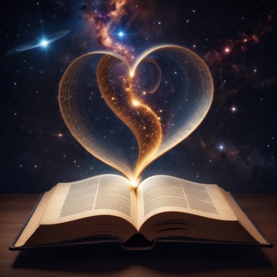 Cosmic love emanates from an open book in the night sky