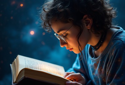 Young person engrossed in reading a book at night