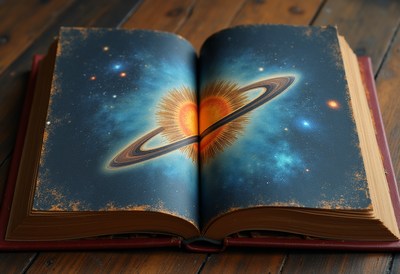 Cosmic heart within a magical book on wooden table