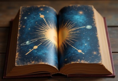 Open book reveals cosmic heart design with stars