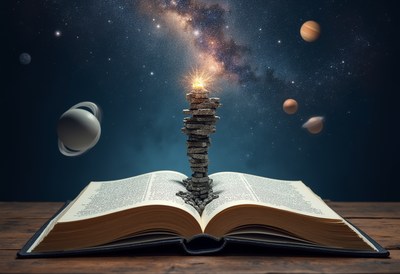 Stack of stones glows over open book with cosmic background