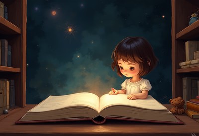 Child reading a book under a starry sky
