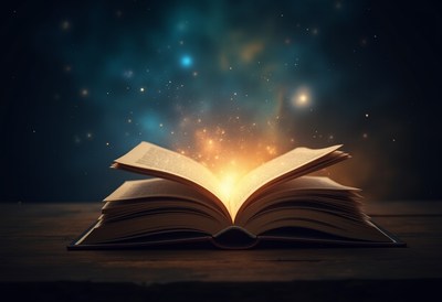 Open book emits light in a mystical atmosphere