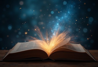 Book opens to reveal magical light in cosmic setting