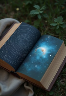 Book opened to reveal cosmic artwork in nature